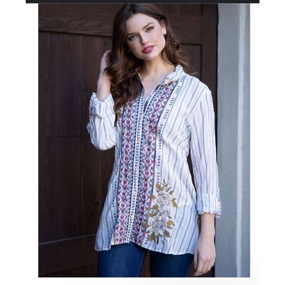 John Mark Embroidered front and back striped tunic top M - Picture 1 of 11